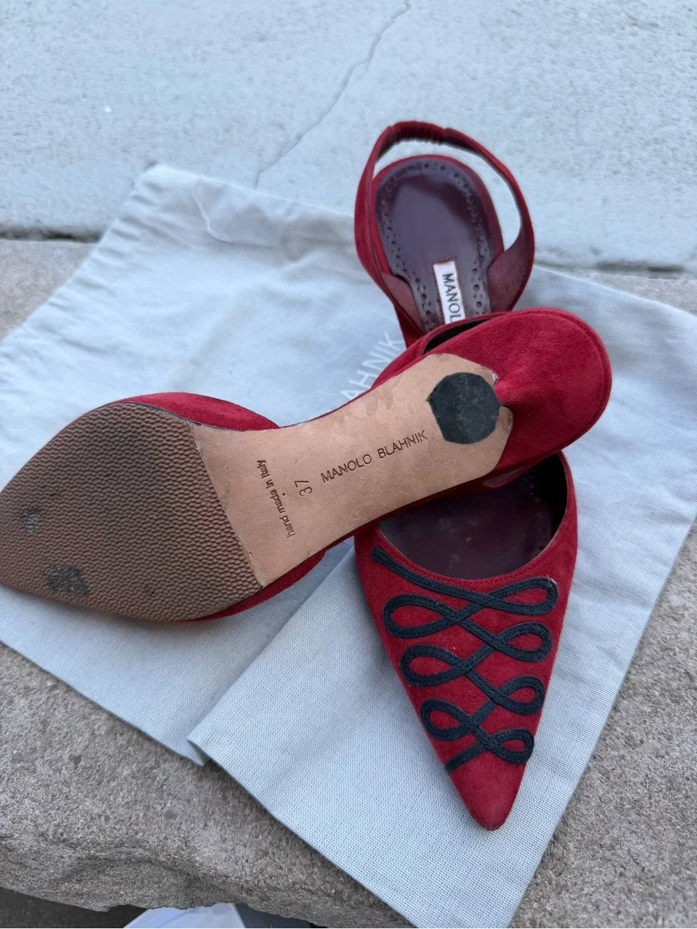 Manolo Blahnik Red Suede Pointed Slingback Heels with Black Trim